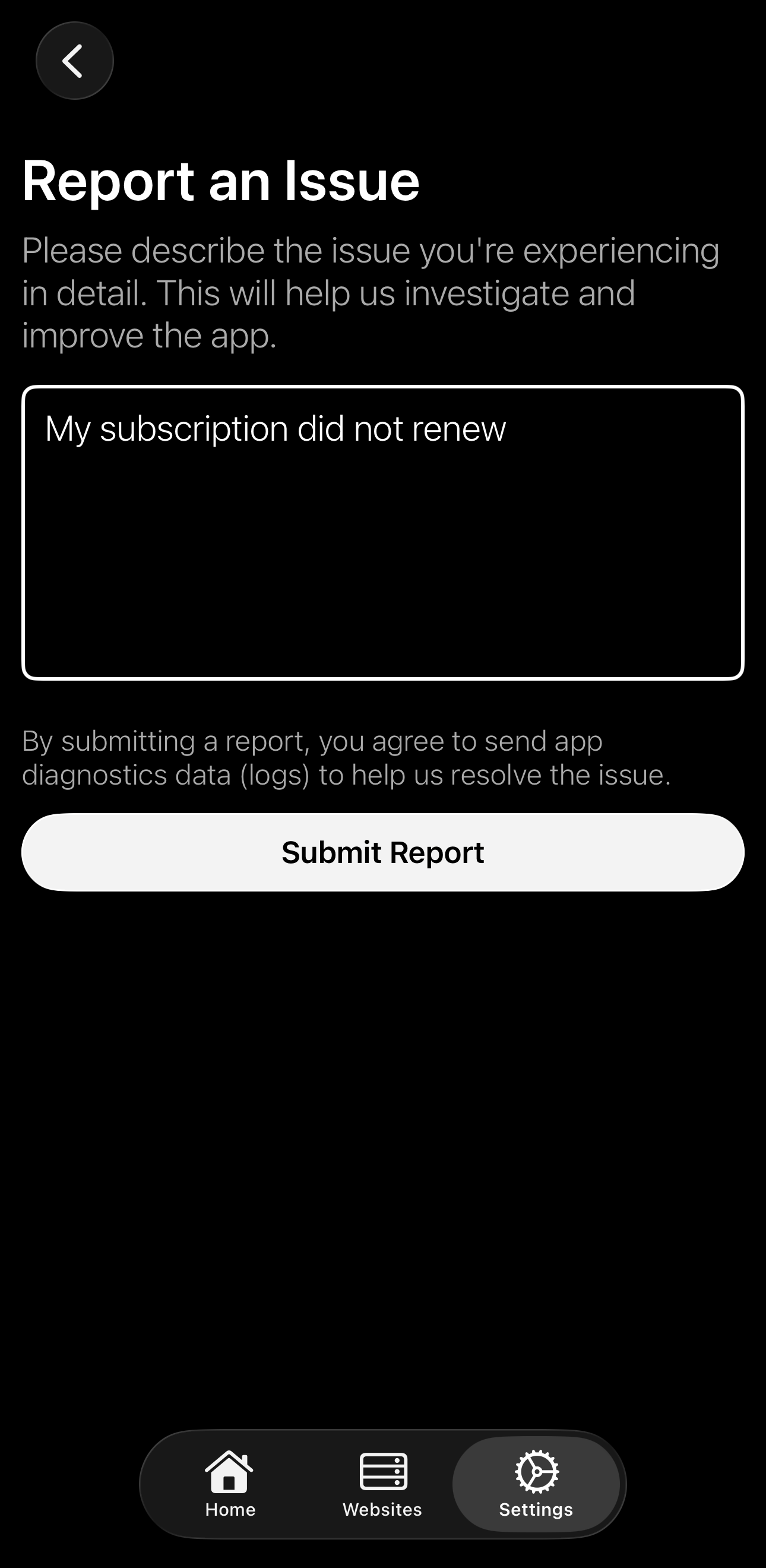 Report issue screen