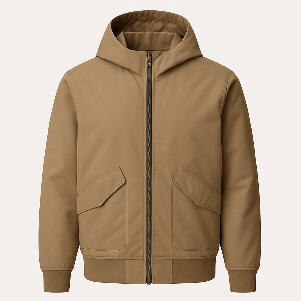 Beige Hooded Jacket - Stylish beige hooded bomber jacket with front pockets. Perfect for transitional weather.